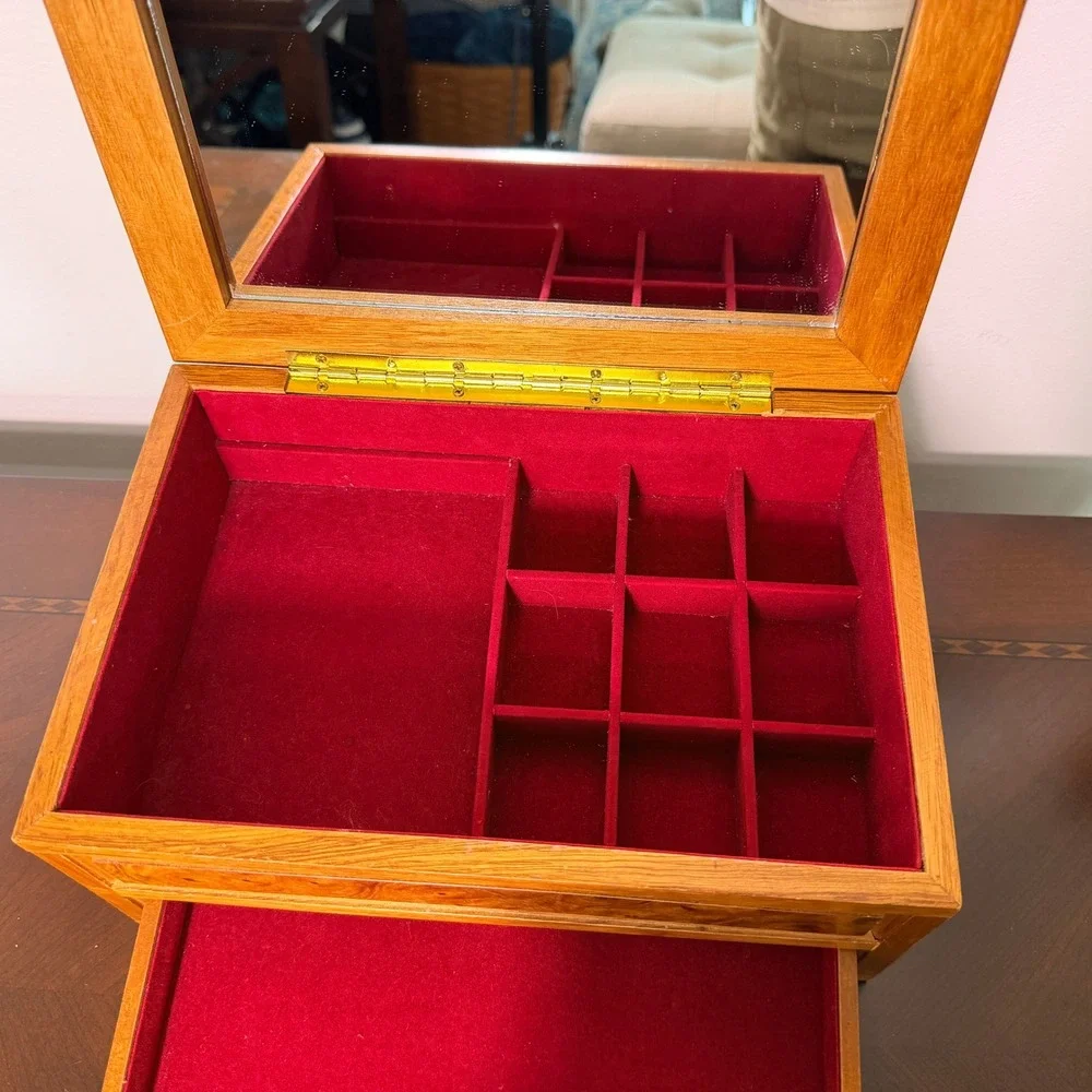 Vintage Burl Wood Jewelry Box Mirror Top Drawer Velvet Lined Trinket Organizer